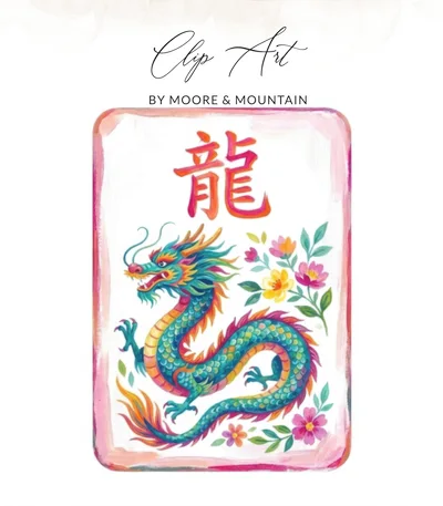 Chinese Dragon PNG Digital Download, Chinoiserie Mahjong Tile Sublimation Design, Colorful Floral Asian Art Print Clipart for Crafters